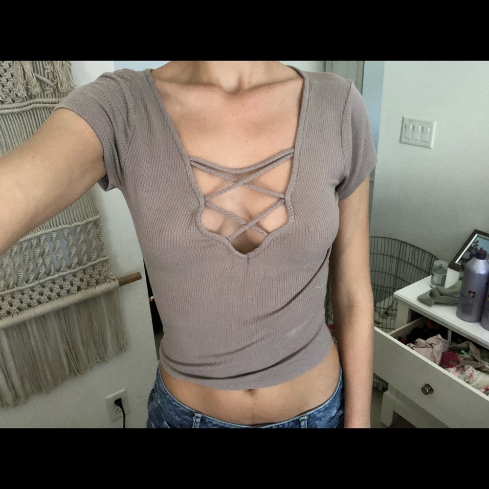 Taupe Cross Front Top